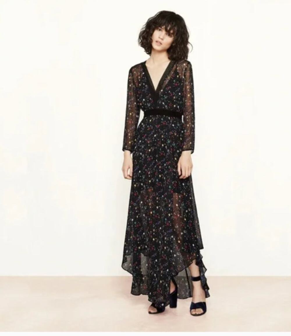Maje Riane Bird and Star Print Chiffon Maxi Dress Womens Medium Black